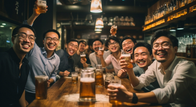 仲間たちとビールを飲む